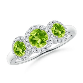 5mm AAA Round Peridot Three Stone Halo Ring with Diamonds in White Gold