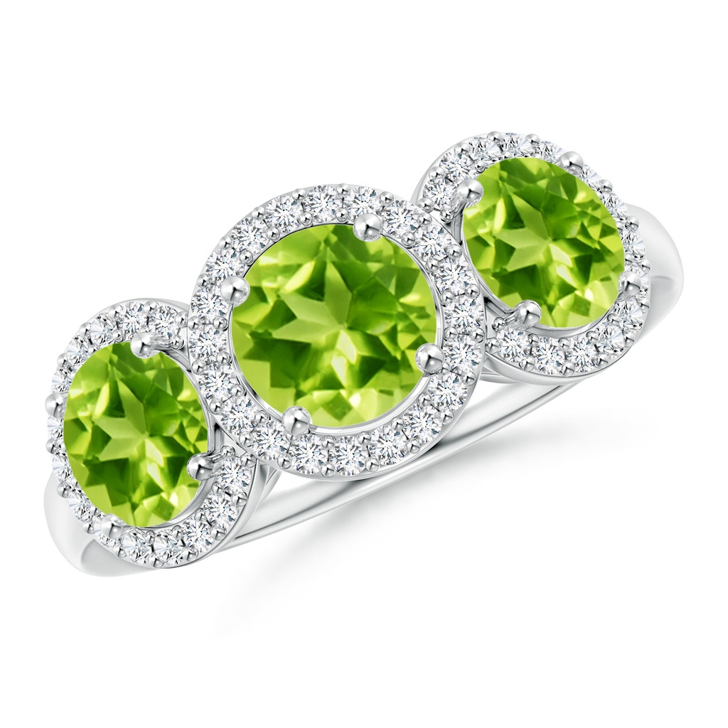 6mm AAA Round Peridot Three Stone Halo Ring with Diamonds in White Gold 