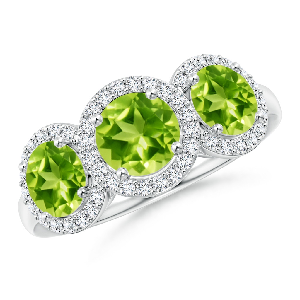 6mm AAA Round Peridot Three Stone Halo Ring with Diamonds in White Gold