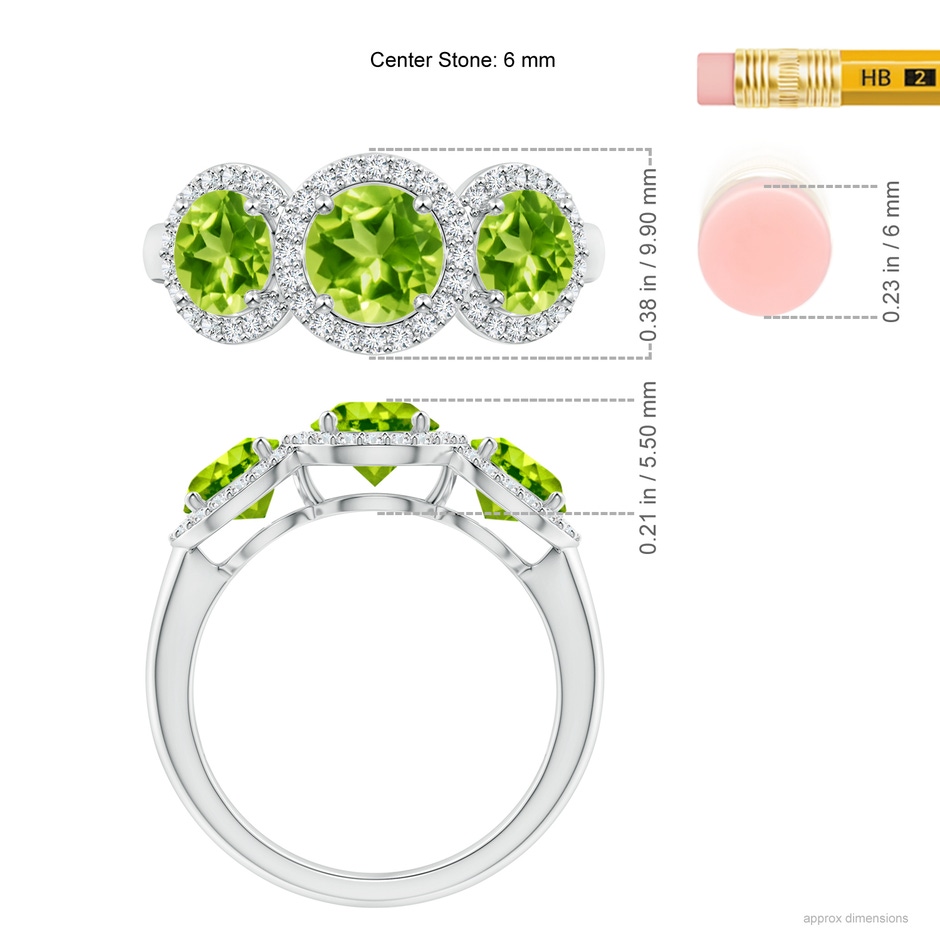 6mm AAA Round Peridot Three Stone Halo Ring with Diamonds in White Gold ruler