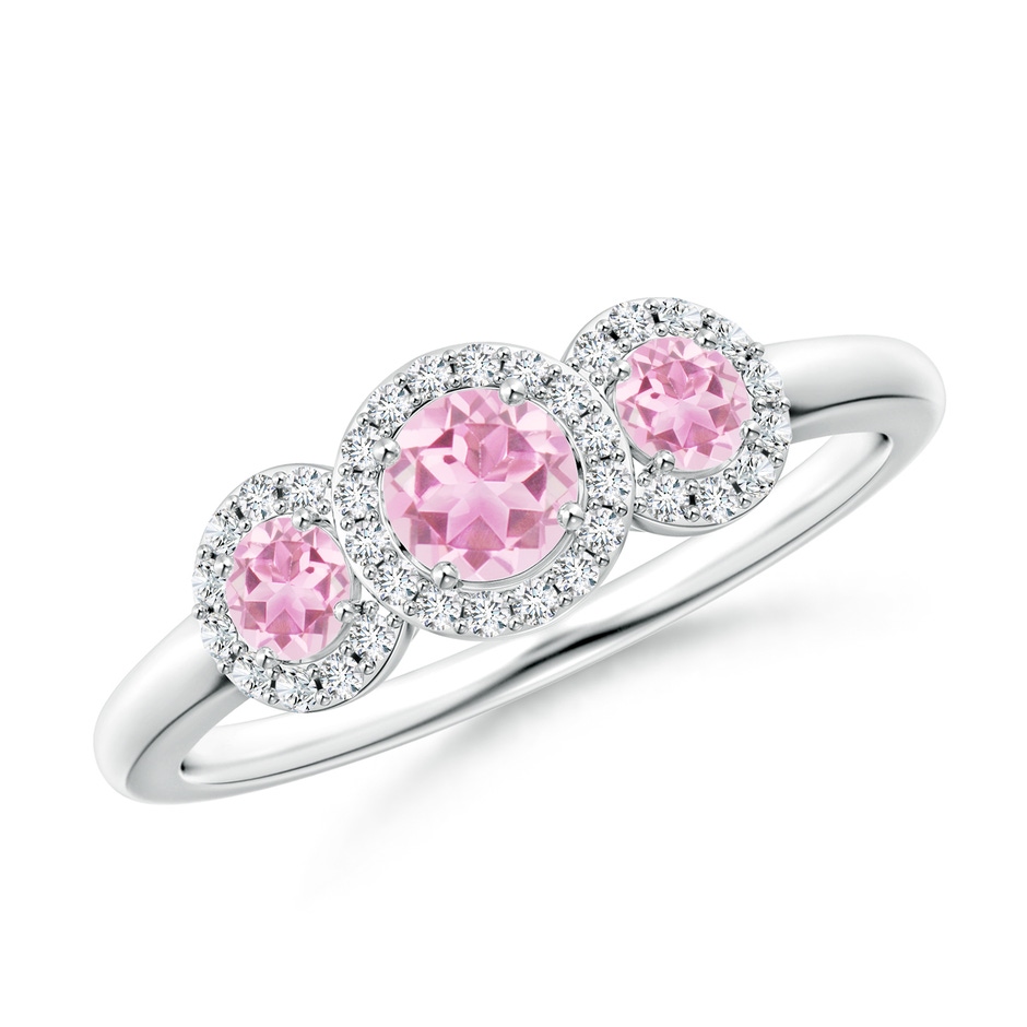 4mm A Round Pink Tourmaline Three Stone Halo Ring with Diamonds in P950 Platinum 