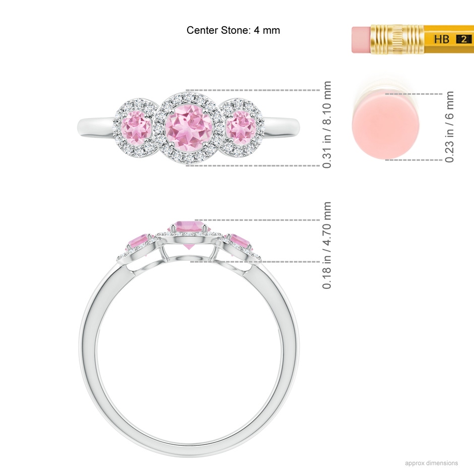4mm A Round Pink Tourmaline Three Stone Halo Ring with Diamonds in P950 Platinum ruler