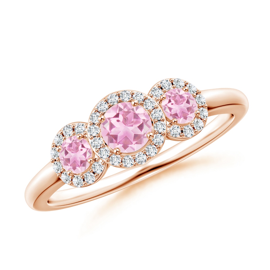 4mm A Round Pink Tourmaline Three Stone Halo Ring with Diamonds in Rose Gold 