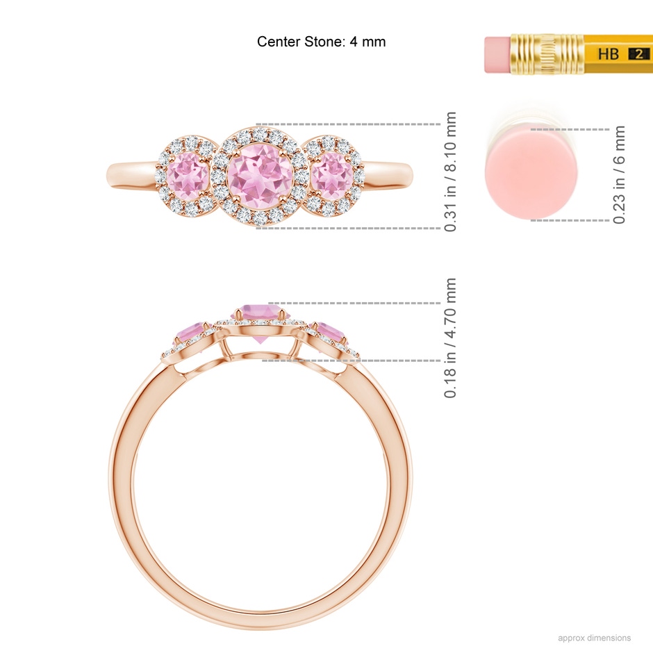 4mm A Round Pink Tourmaline Three Stone Halo Ring with Diamonds in Rose Gold ruler