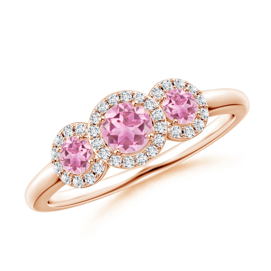 4mm AA Round Pink Tourmaline Three Stone Halo Ring with Diamonds in Rose Gold 