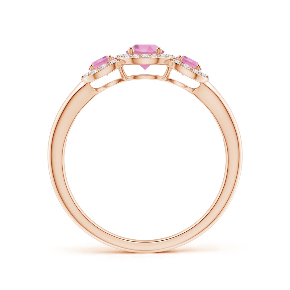 4mm AA Round Pink Tourmaline Three Stone Halo Ring with Diamonds in Rose Gold side-1