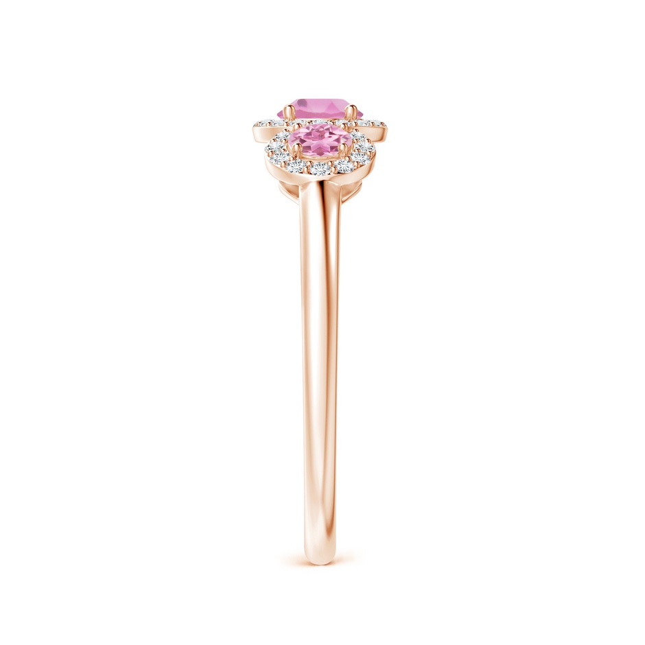 4mm AA Round Pink Tourmaline Three Stone Halo Ring with Diamonds in Rose Gold side-2