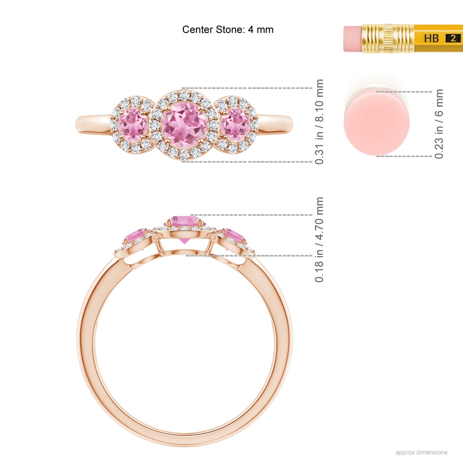 4mm AA Round Pink Tourmaline Three Stone Halo Ring with Diamonds in Rose Gold ruler