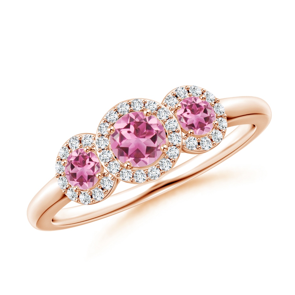 4mm AAA Round Pink Tourmaline Three Stone Halo Ring with Diamonds in Rose Gold 