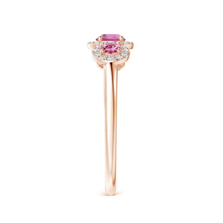4mm AAA Round Pink Tourmaline Three Stone Halo Ring with Diamonds in Rose Gold side-2