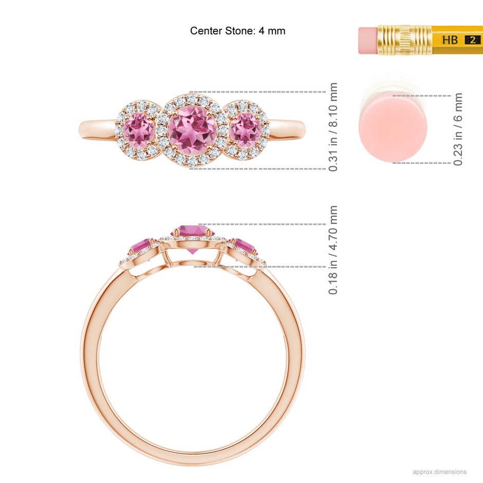 4mm AAA Round Pink Tourmaline Three Stone Halo Ring with Diamonds in Rose Gold ruler