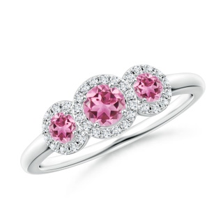 4mm AAA Round Pink Tourmaline Three Stone Halo Ring with Diamonds in White Gold