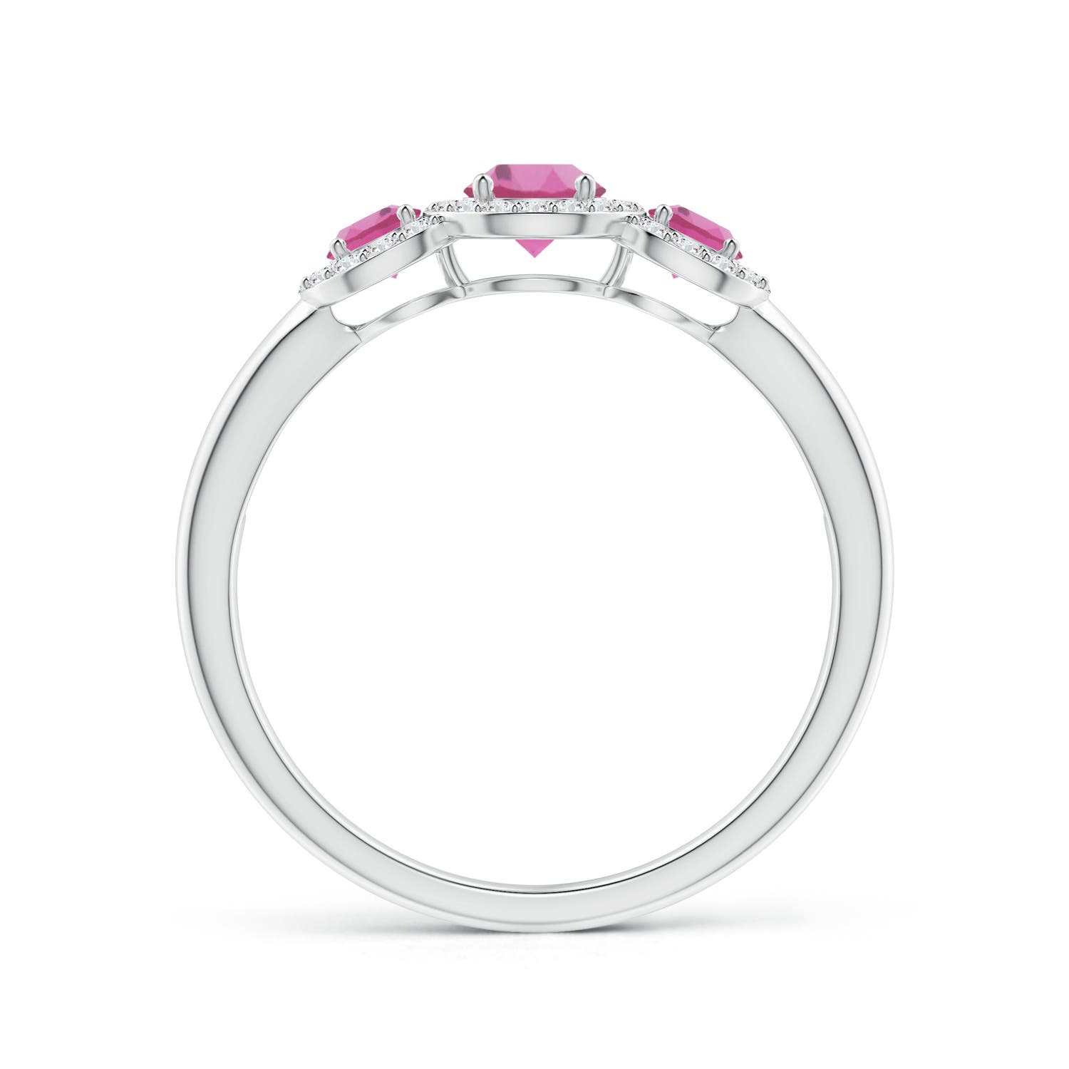 4mm AAA Round Pink Tourmaline Three Stone Halo Ring with Diamonds in White Gold - side 2