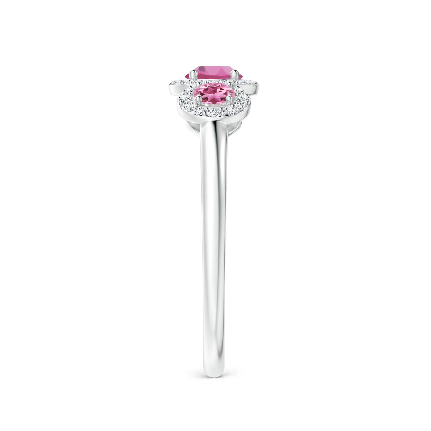 4mm AAA Round Pink Tourmaline Three Stone Halo Ring with Diamonds in White Gold - side 3