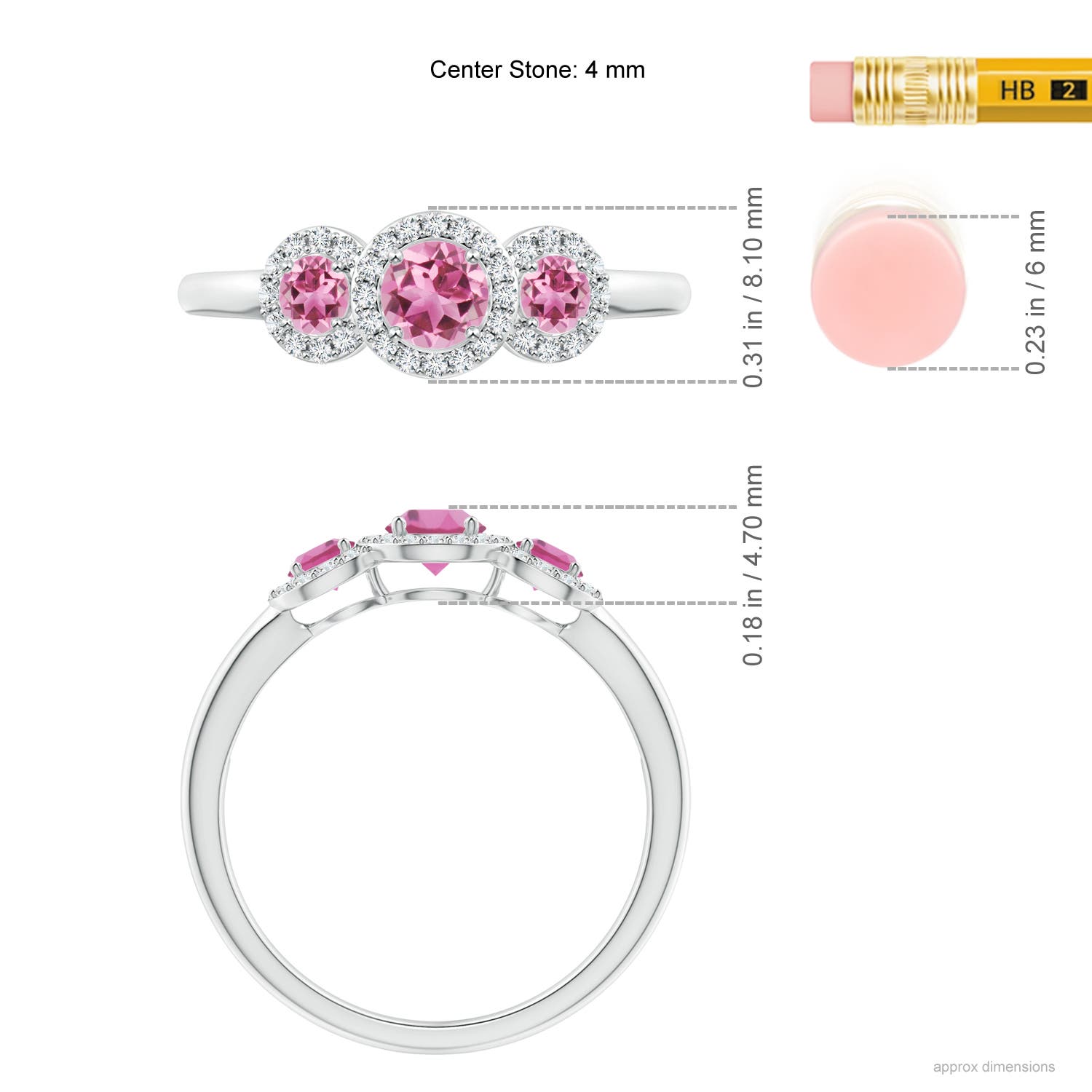 4mm AAA Round Pink Tourmaline Three Stone Halo Ring with Diamonds in White Gold - ruler
