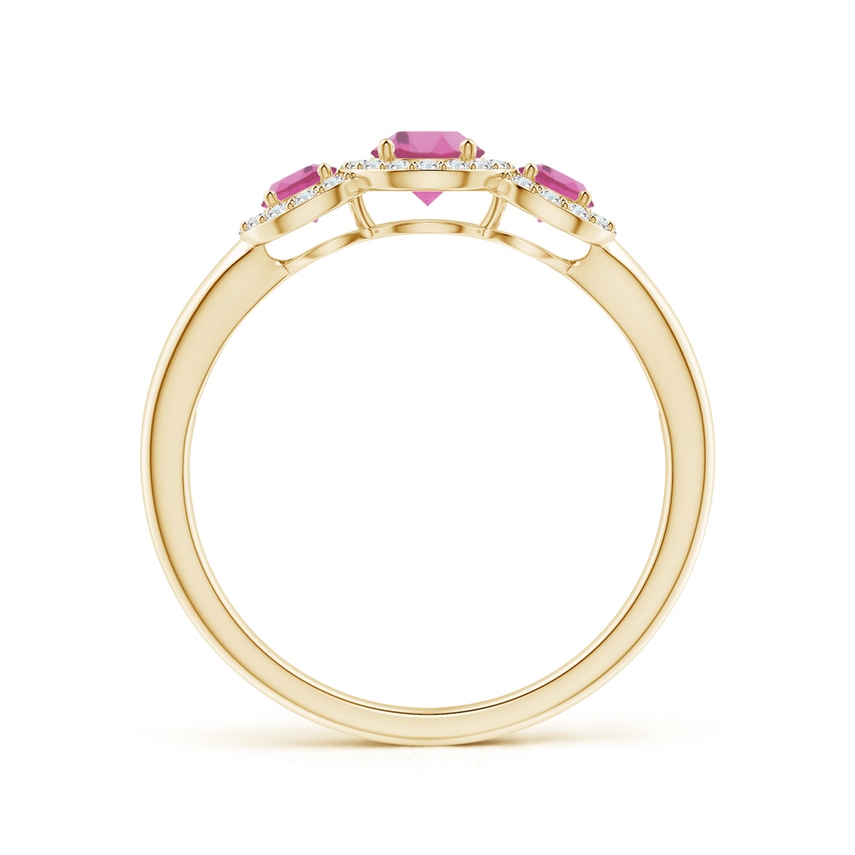 4mm AAA Round Pink Tourmaline Three Stone Halo Ring with Diamonds in Yellow Gold side-1