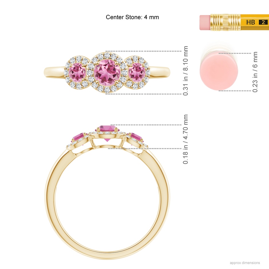 4mm AAA Round Pink Tourmaline Three Stone Halo Ring with Diamonds in Yellow Gold ruler