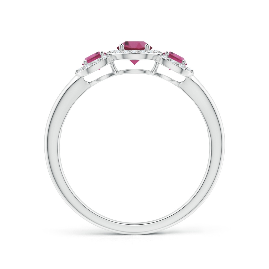 4mm AAAA Round Pink Tourmaline Three Stone Halo Ring with Diamonds in P950 Platinum Side-1