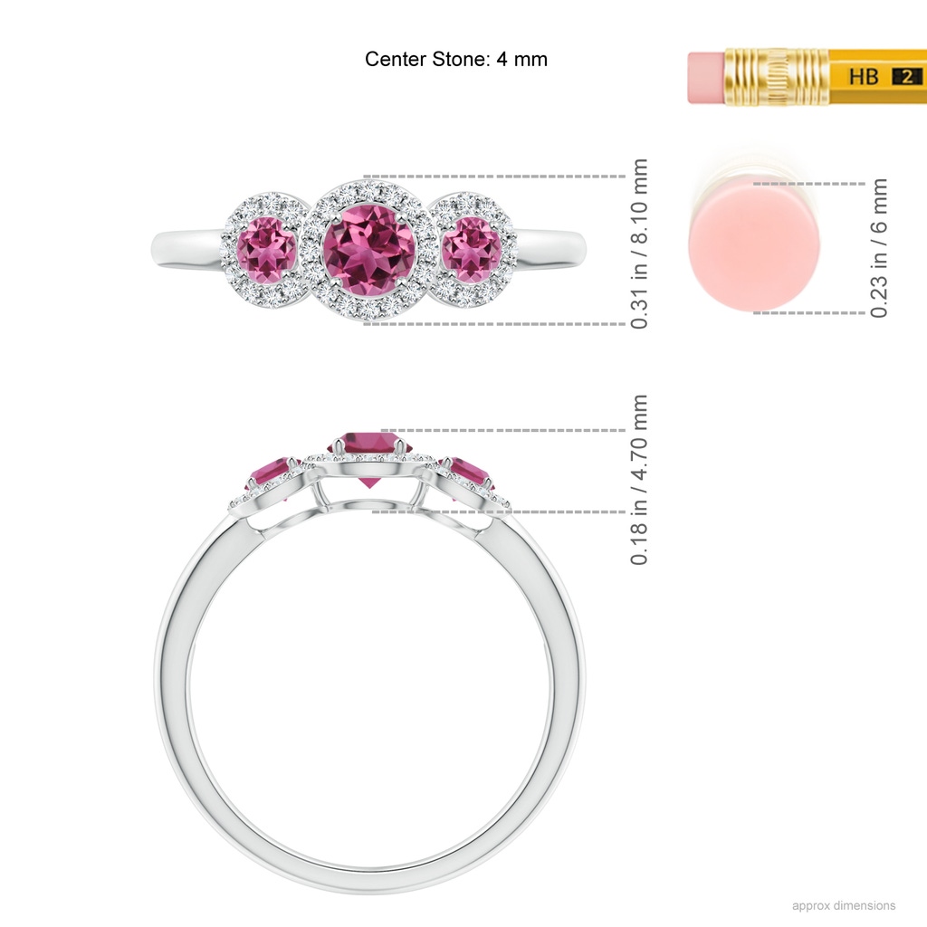 4mm AAAA Round Pink Tourmaline Three Stone Halo Ring with Diamonds in P950 Platinum Ruler