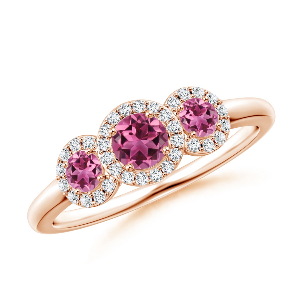 4mm AAAA Round Pink Tourmaline Three Stone Halo Ring with Diamonds in Rose Gold