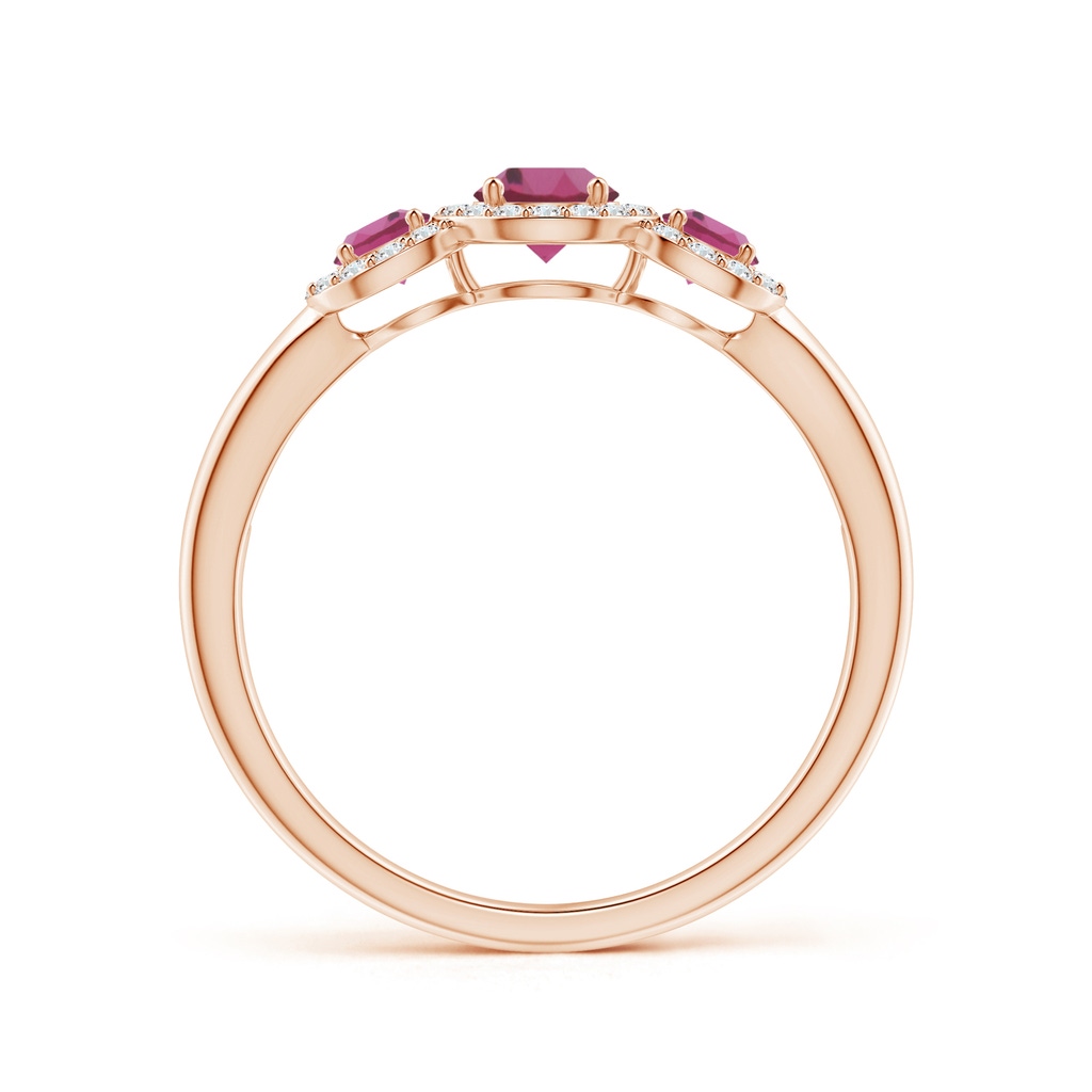 4mm AAAA Round Pink Tourmaline Three Stone Halo Ring with Diamonds in Rose Gold - side_1