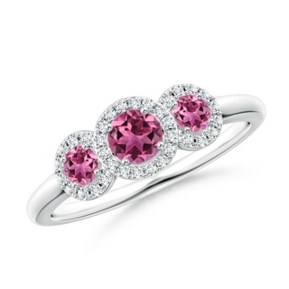 4mm AAAA Round Pink Tourmaline Three Stone Halo Ring with Diamonds in White Gold