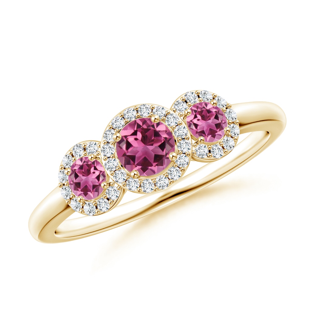 4mm AAAA Round Pink Tourmaline Three Stone Halo Ring with Diamonds in Yellow Gold