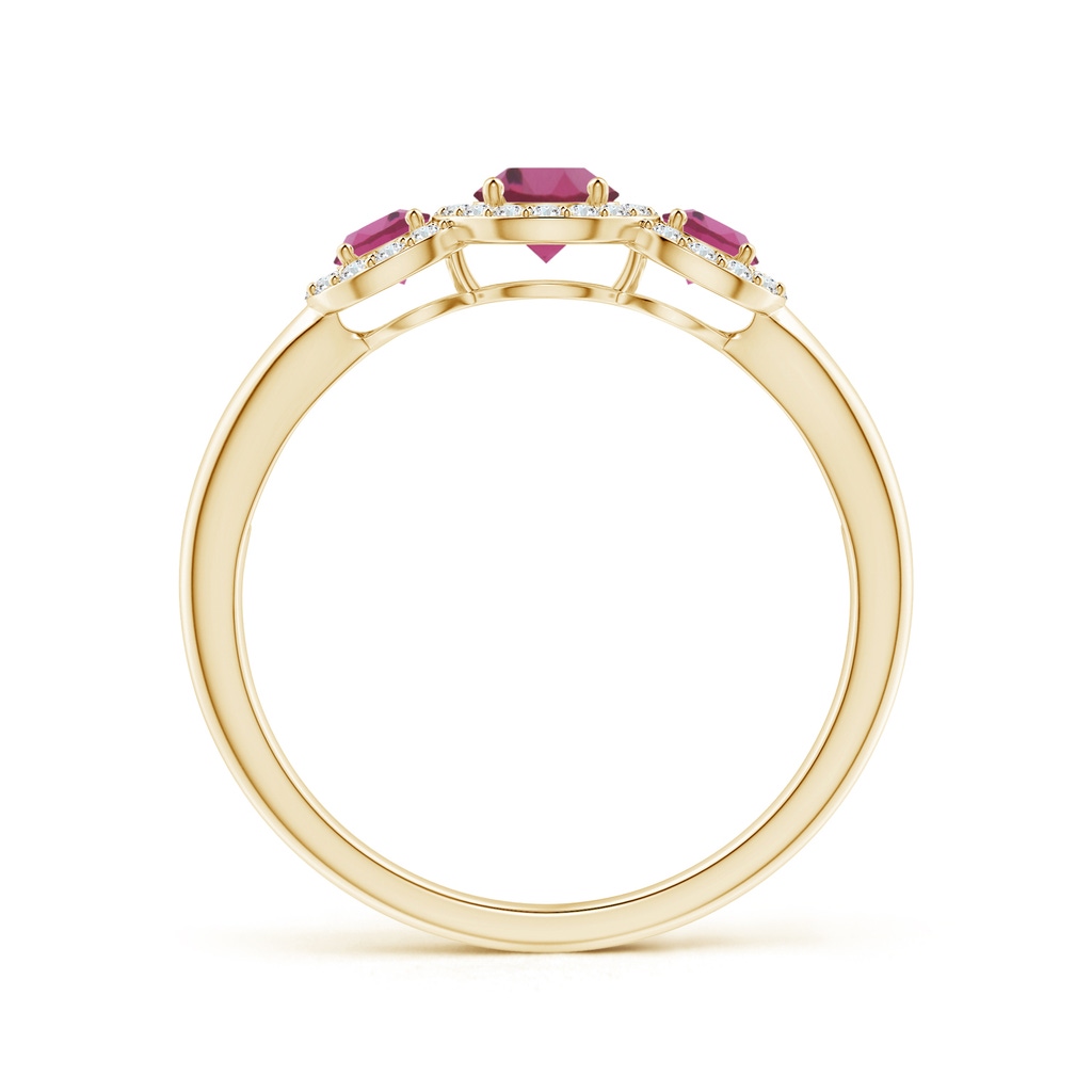 4mm AAAA Round Pink Tourmaline Three Stone Halo Ring with Diamonds in Yellow Gold - side_1