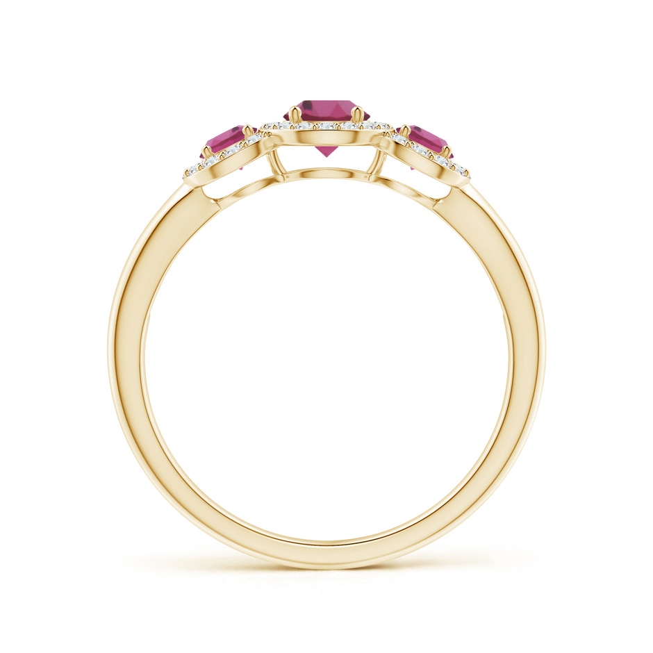 4mm AAAA Round Pink Tourmaline Three Stone Halo Ring with Diamonds in Yellow Gold side-1