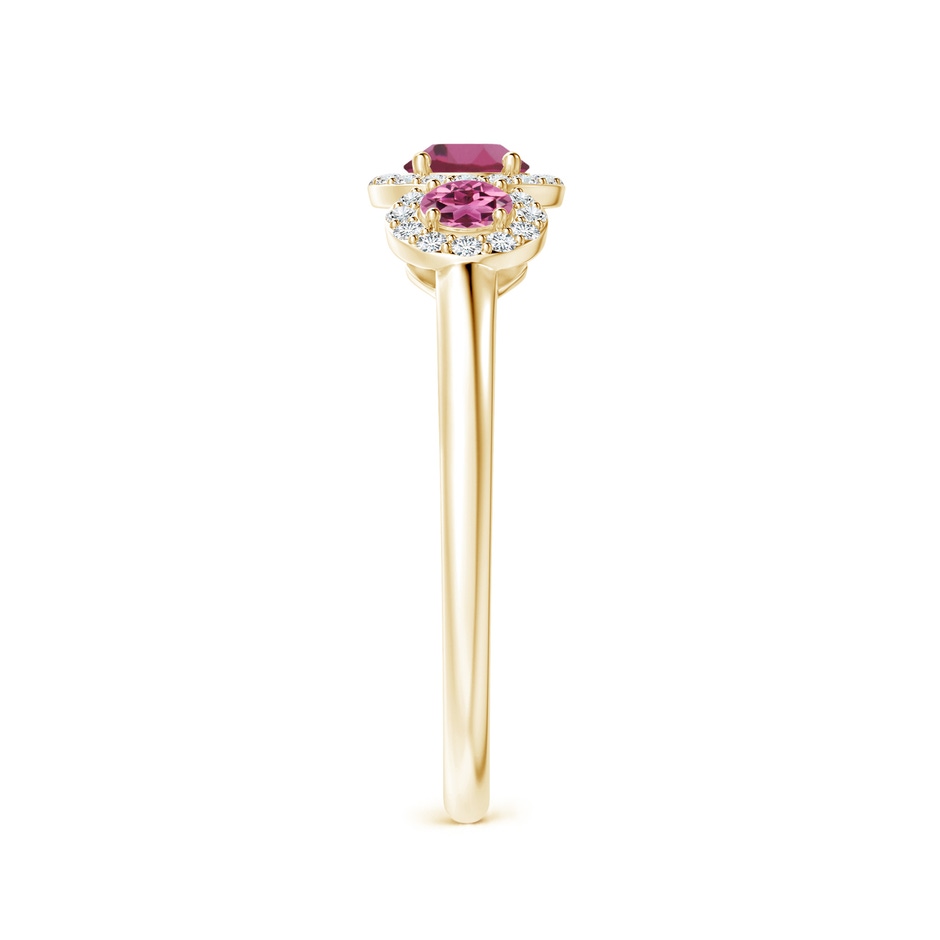 4mm AAAA Round Pink Tourmaline Three Stone Halo Ring with Diamonds in Yellow Gold side-2