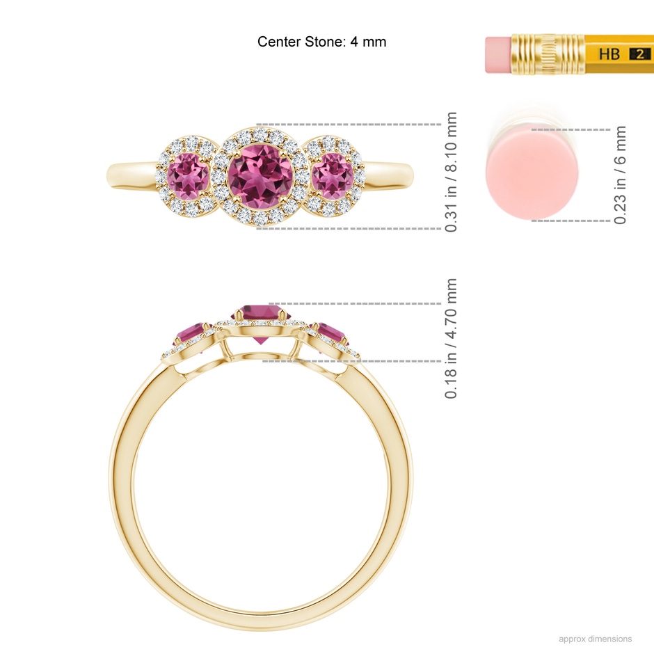 4mm AAAA Round Pink Tourmaline Three Stone Halo Ring with Diamonds in Yellow Gold ruler