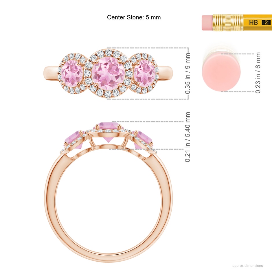 5mm A Round Pink Tourmaline Three Stone Halo Ring with Diamonds in Rose Gold ruler