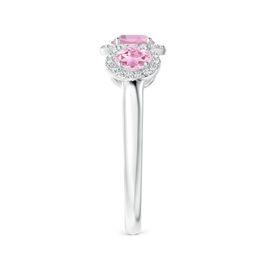 5mm A Round Pink Tourmaline Three Stone Halo Ring with Diamonds in White Gold side-2