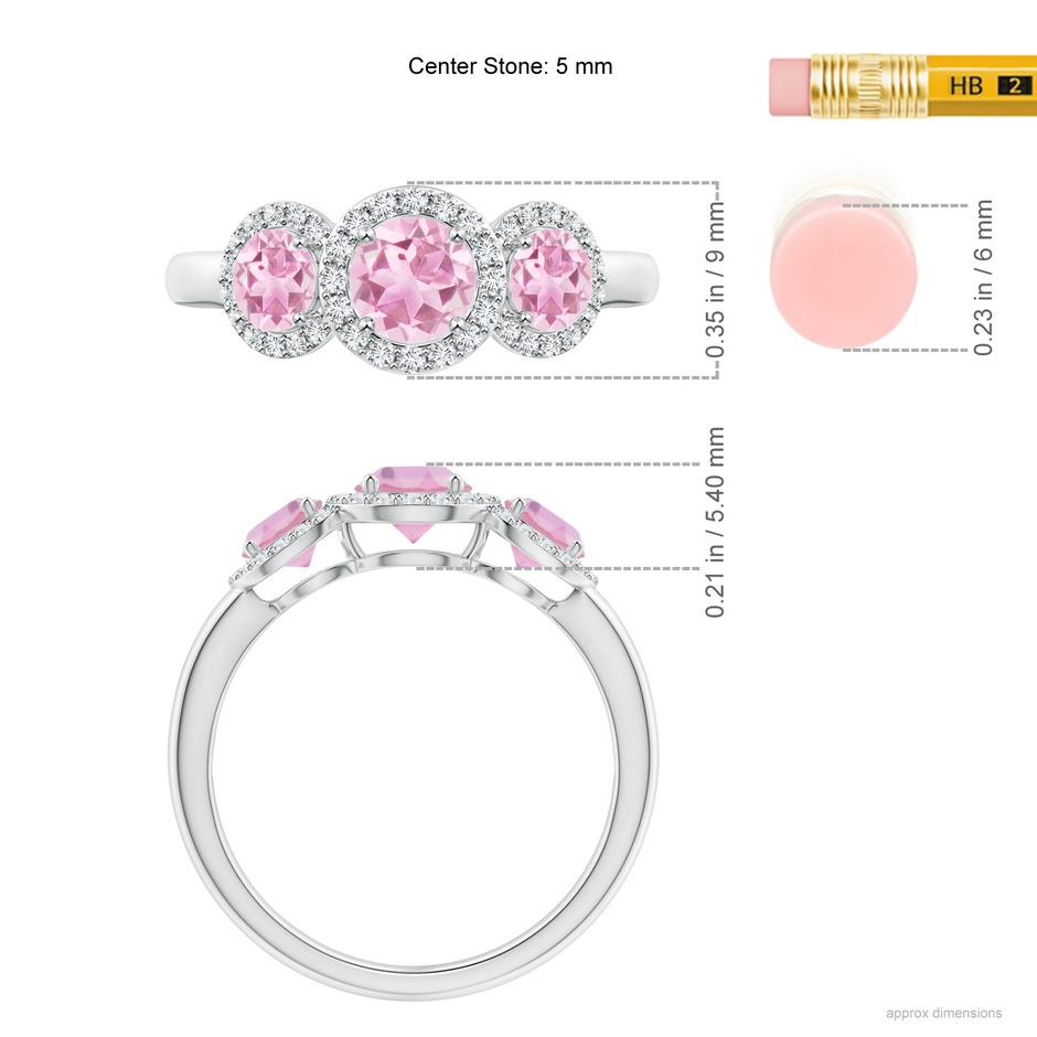 5mm A Round Pink Tourmaline Three Stone Halo Ring with Diamonds in White Gold ruler