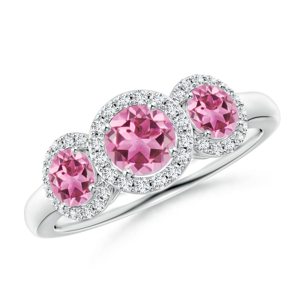 5mm AAA Round Pink Tourmaline Three Stone Halo Ring with Diamonds in White Gold