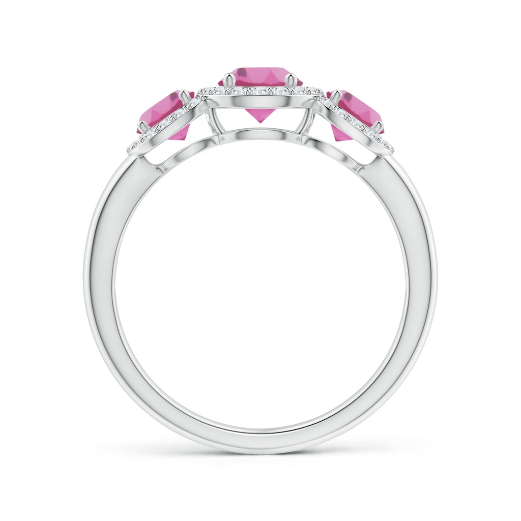 5mm AAA Round Pink Tourmaline Three Stone Halo Ring with Diamonds in White Gold Side-1