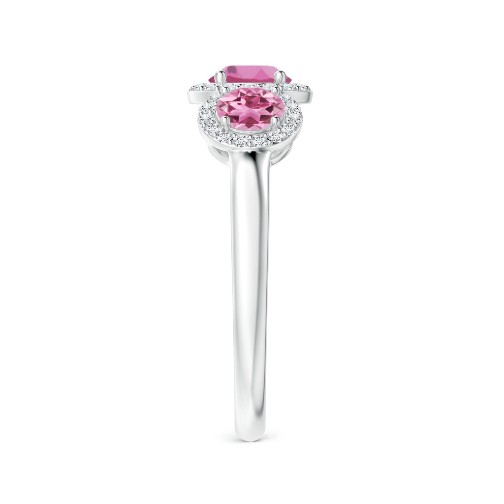 5mm AAA Round Pink Tourmaline Three Stone Halo Ring with Diamonds in White Gold Side-2