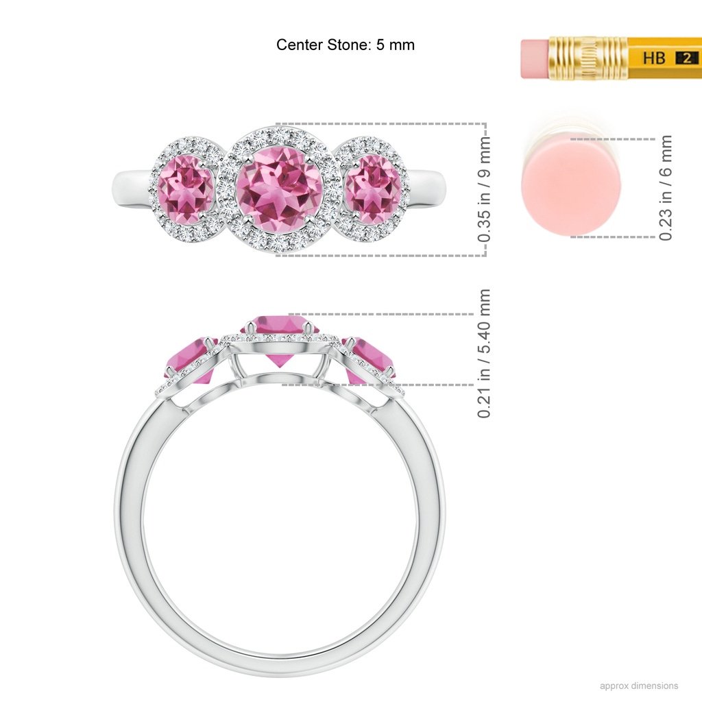 5mm AAA Round Pink Tourmaline Three Stone Halo Ring with Diamonds in White Gold Ruler