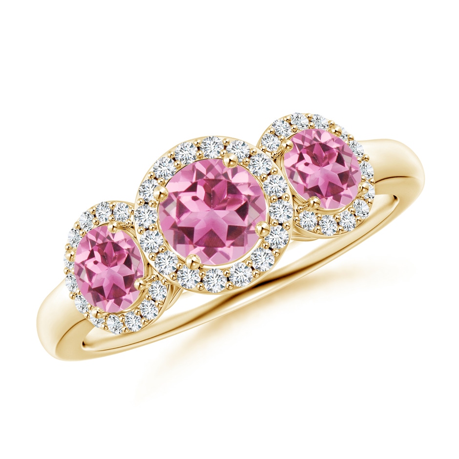 5mm AAA Round Pink Tourmaline Three Stone Halo Ring with Diamonds in Yellow Gold 
