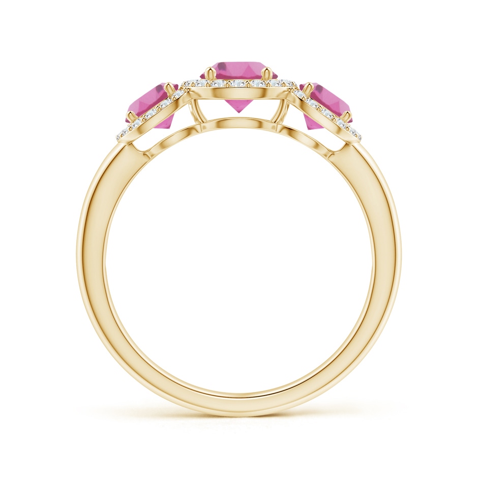 5mm AAA Round Pink Tourmaline Three Stone Halo Ring with Diamonds in Yellow Gold side-1