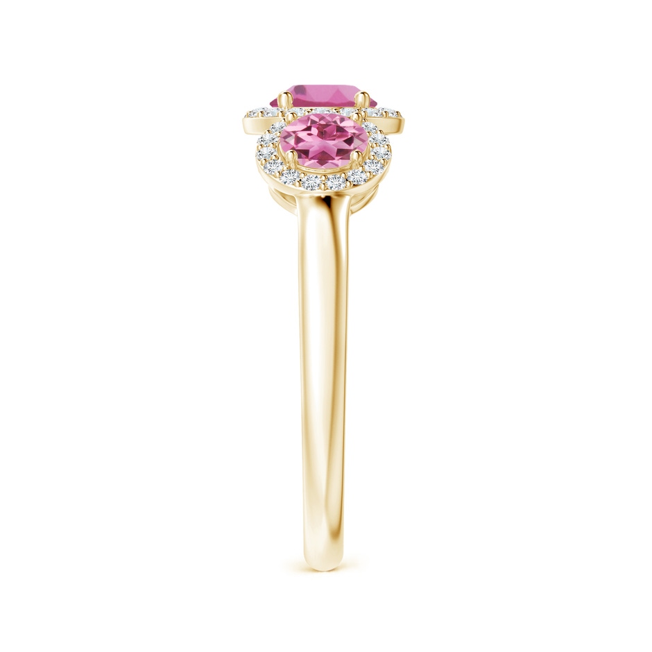 5mm AAA Round Pink Tourmaline Three Stone Halo Ring with Diamonds in Yellow Gold side-2