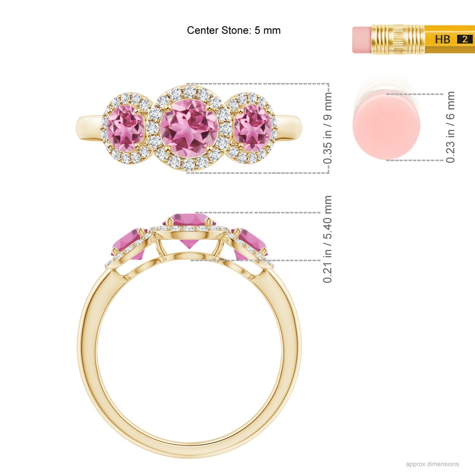 5mm AAA Round Pink Tourmaline Three Stone Halo Ring with Diamonds in Yellow Gold ruler