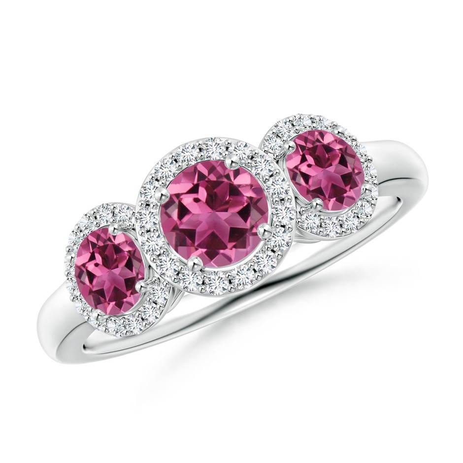 5mm AAAA Round Pink Tourmaline Three Stone Halo Ring with Diamonds in P950 Platinum 