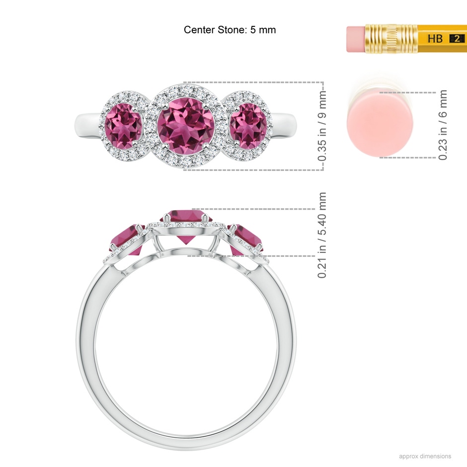 5mm AAAA Round Pink Tourmaline Three Stone Halo Ring with Diamonds in P950 Platinum ruler