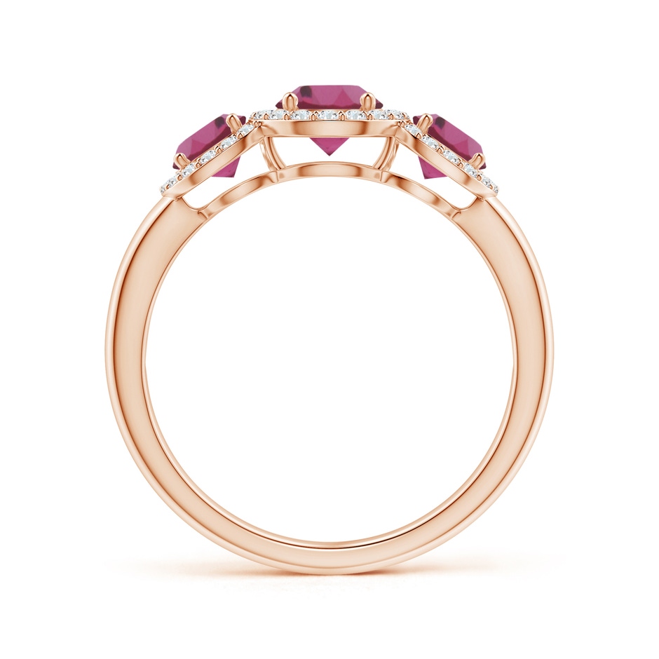 5mm AAAA Round Pink Tourmaline Three Stone Halo Ring with Diamonds in Rose Gold side-1