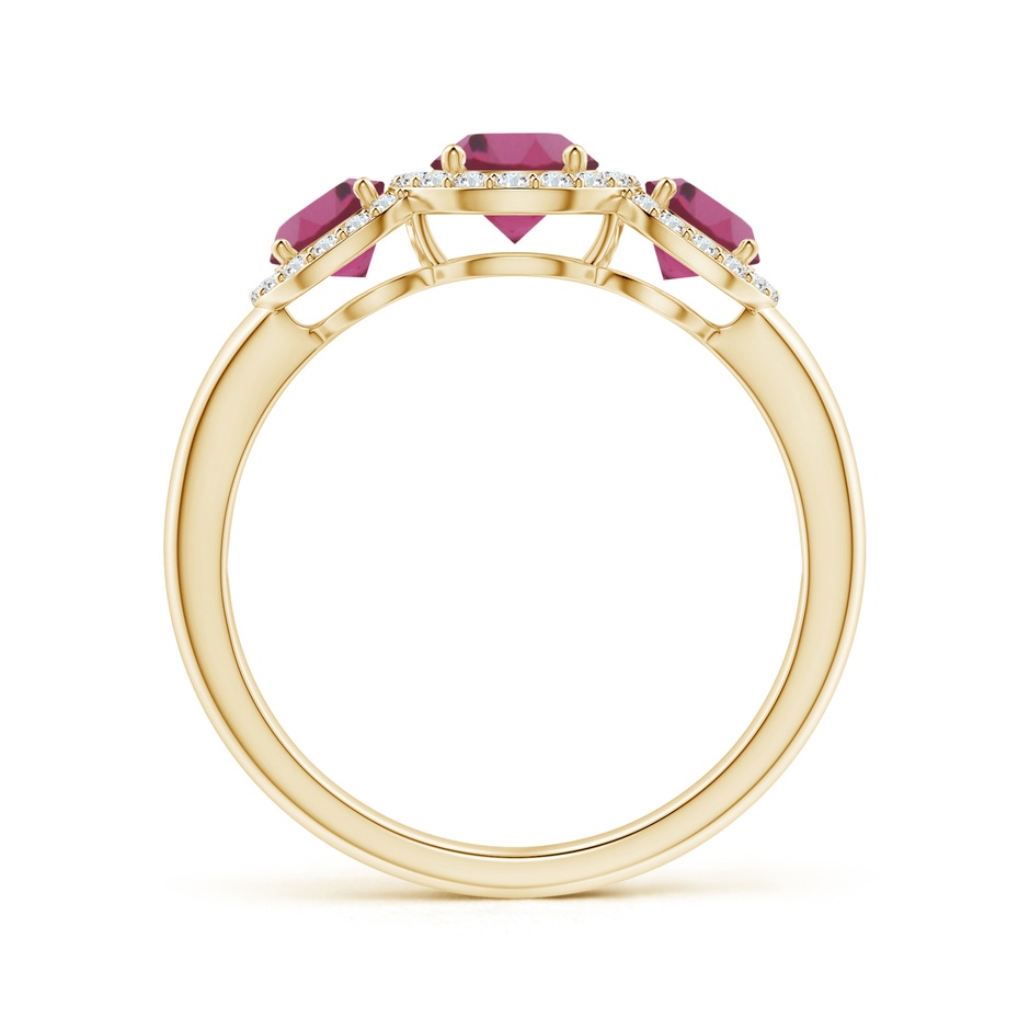 5mm AAAA Round Pink Tourmaline Three Stone Halo Ring with Diamonds in Yellow Gold side-1
