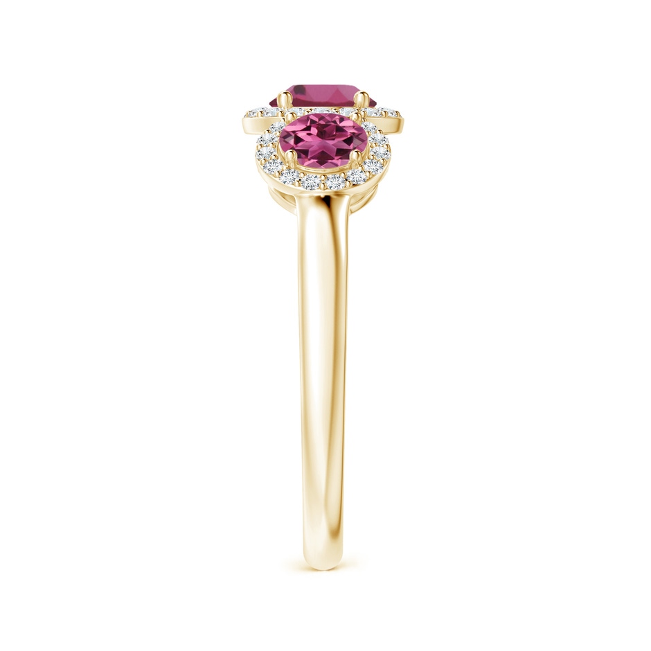 5mm AAAA Round Pink Tourmaline Three Stone Halo Ring with Diamonds in Yellow Gold side-2