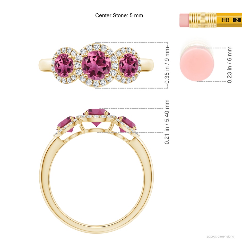 5mm AAAA Round Pink Tourmaline Three Stone Halo Ring with Diamonds in Yellow Gold ruler