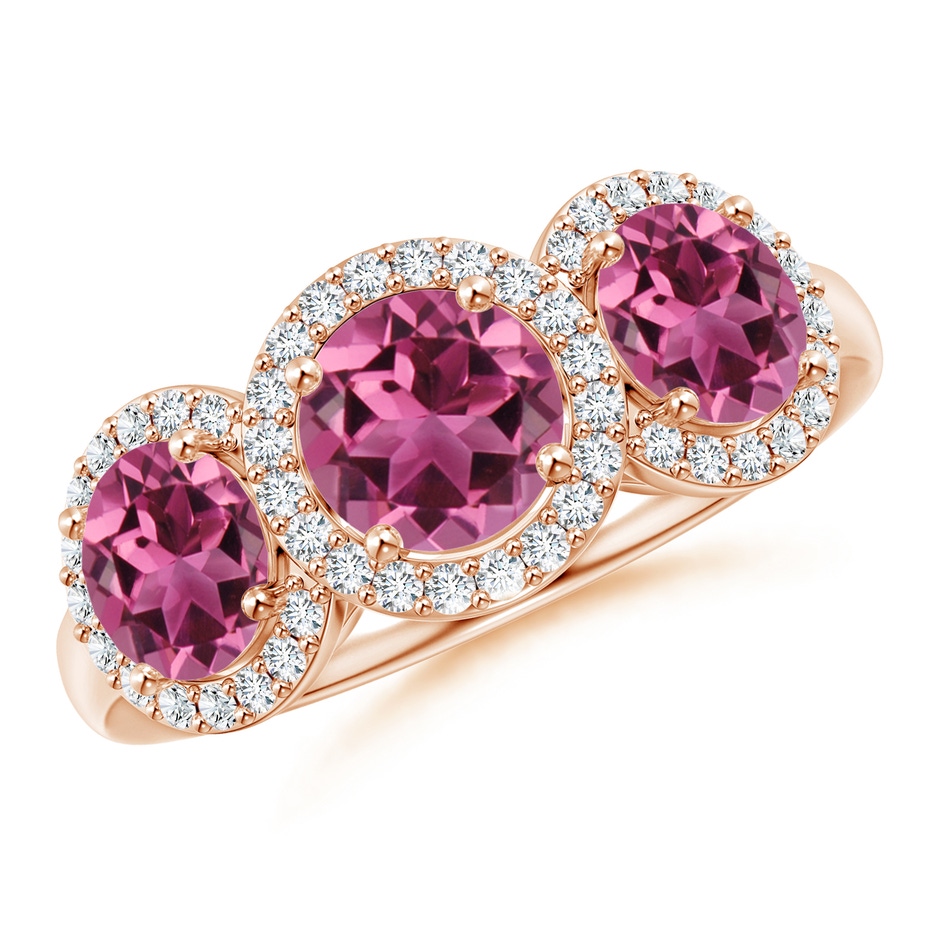 6mm AAAA Round Pink Tourmaline Three Stone Halo Ring with Diamonds in Rose Gold 