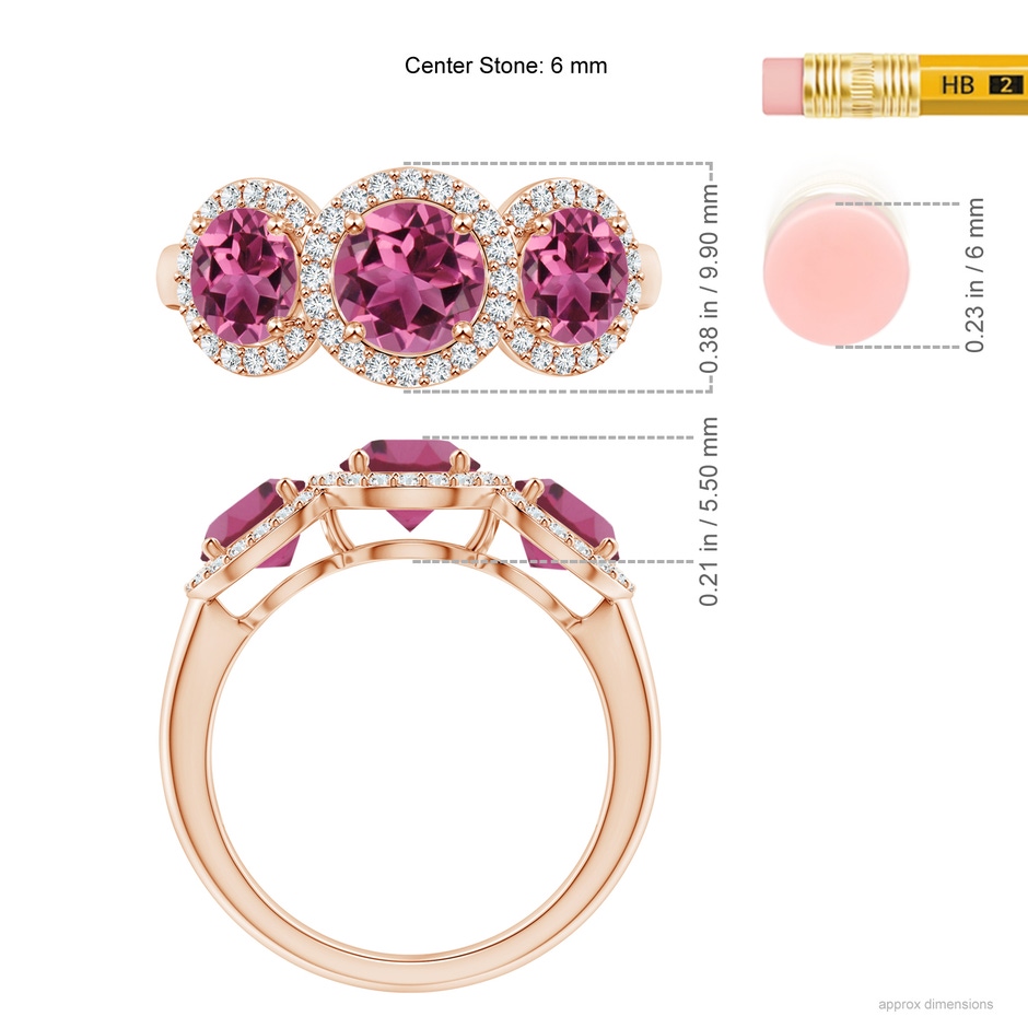 6mm AAAA Round Pink Tourmaline Three Stone Halo Ring with Diamonds in Rose Gold ruler
